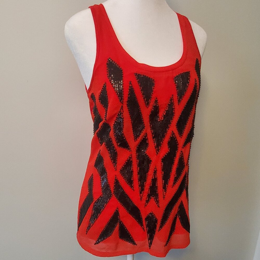 EXPRESS Y2K Abstract Red & Black Beaded Tank Top Scoop Neck